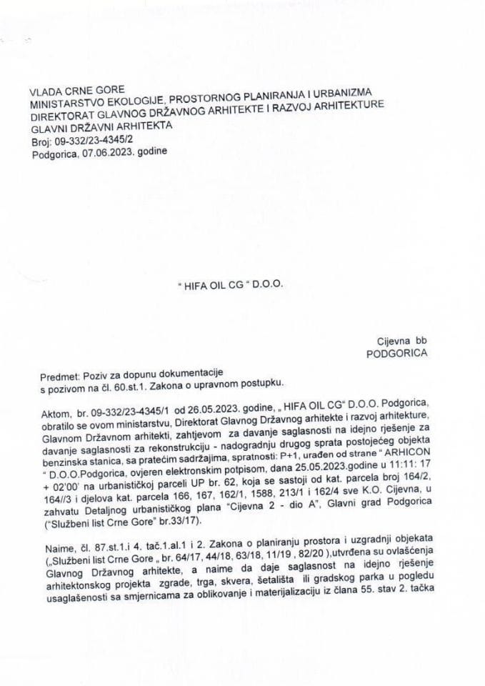 07.06.2023 Obavještenje -HIFA OIL CG DOO, Podgorica -Glavni grad Podgorica
