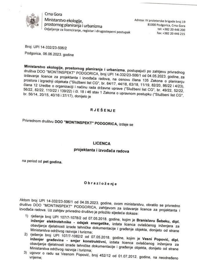Licence projektanata i izvođača radova - UPI 14-332-23-506-2 DOO MONTINSPEKT