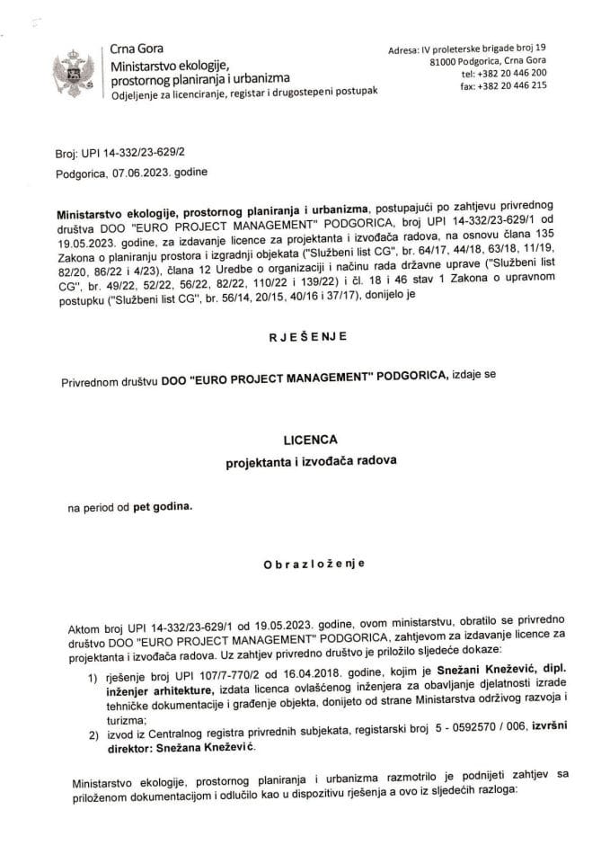 Licence projektanata i izvođača radova - UPI 14-332-23-629-2 DOO EURO PROJECT MANAGEMENT