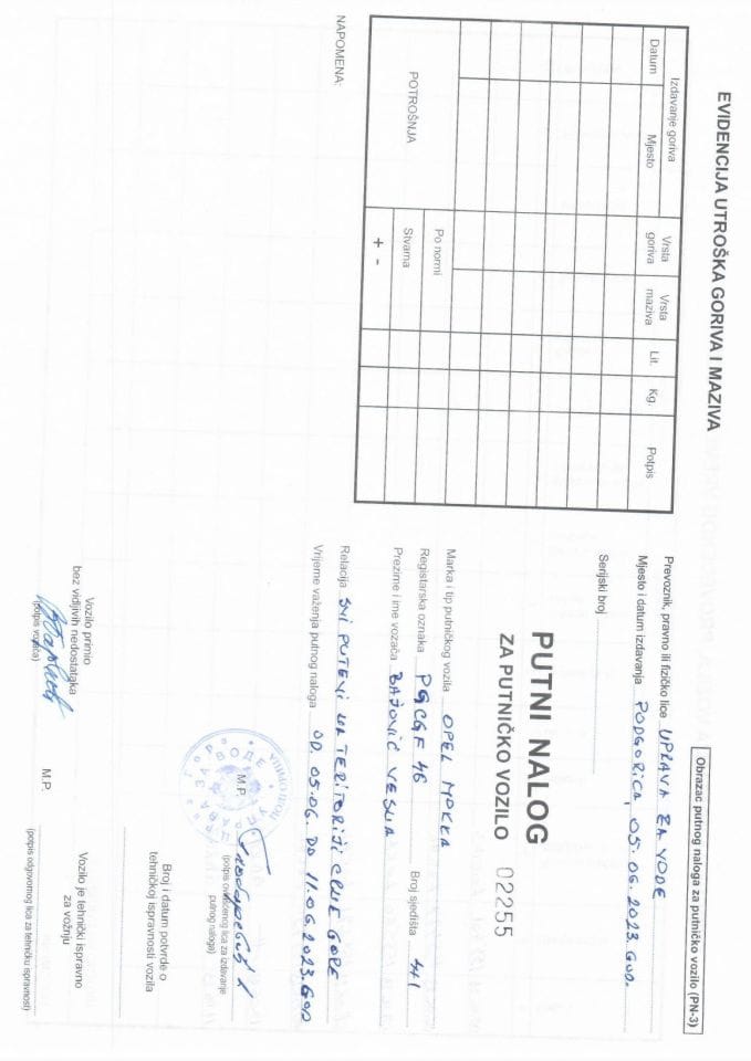 Путни налог за коришћење службеног возила ПГ ЦГФ46 05.06-11.06.2023. године