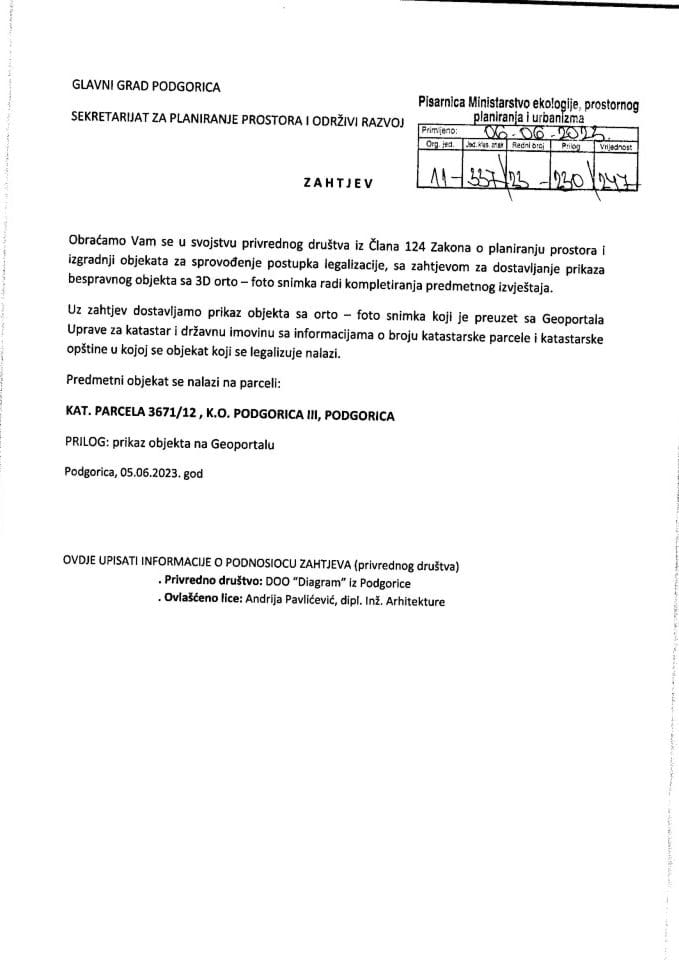 Zahtjevi za izdavanje vertikalnih i kosih orto foto snimaka - 11-337-23-230-247 Glavni grad Podgorica
