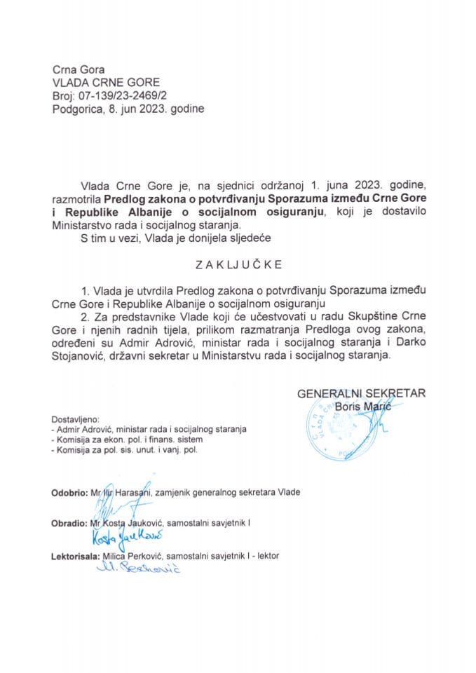 Предлог закона о потврђивању Споразума између Црне Горе и Републике Албаније о социјалном осигурању - закључци