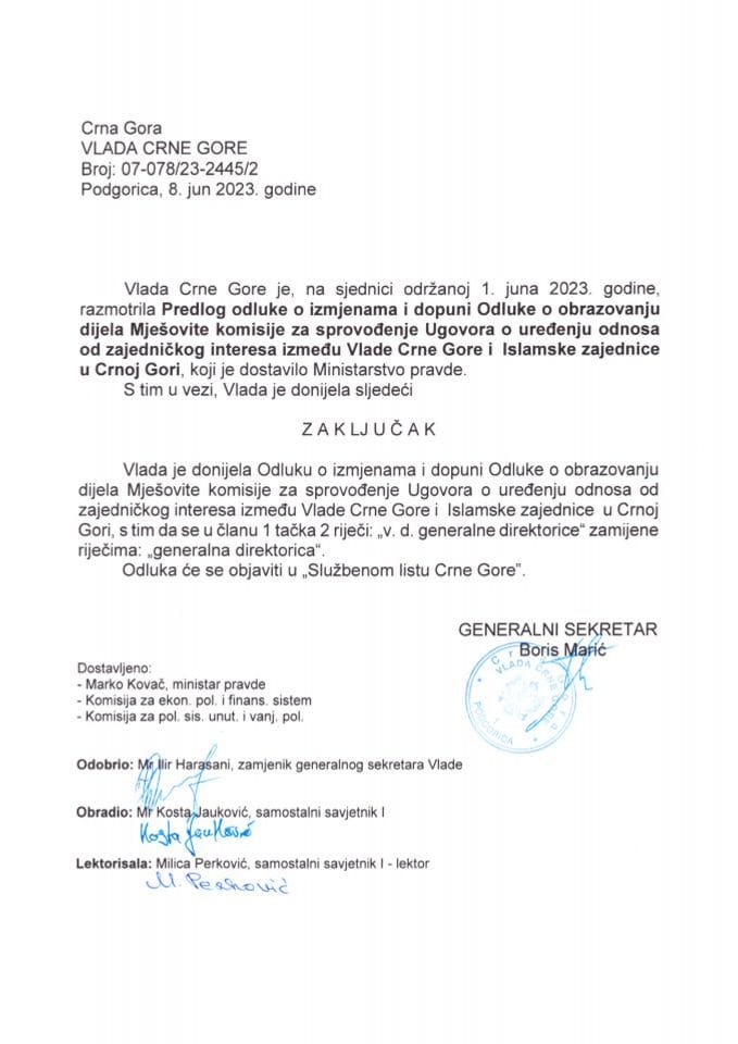 Predlog odluke o izmjenama i dopuni Odluke o obrazovanju dijela Mješovite komisije za sprovođenje Ugovora o uređenju odnosa od zajedničkog interesa između Vlade Crne Gore i Islamske zajednice u Crnoj Gori - zaključci