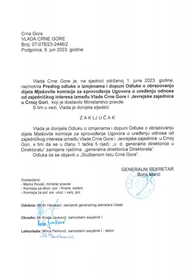 Predlog odluke o izmjenama i dopuni Odluke o obrazovanju dijela Mješovite komisije za sprovođenje Ugovora o uređenju odnosa od zajedničkog interesa između Vlade Crne Gore i Jevrejske zajednice u Crnoj Gori - zaključci