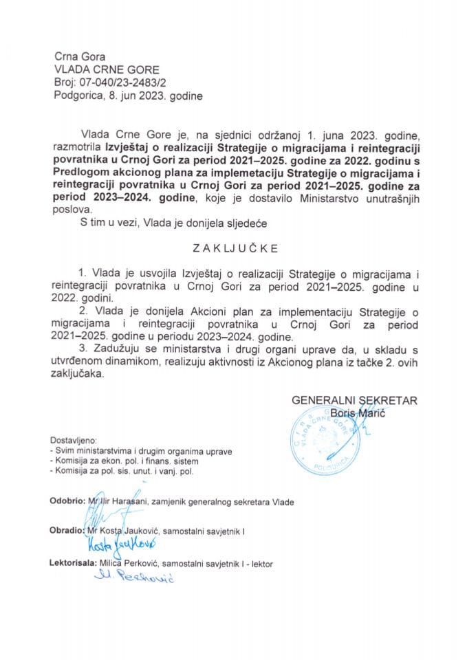 Извјештај о реализацији Стратегије о миграцијама и реинтеграцији повратника у Црној Гори, за период 2021-2025. године, за 2022. годину са Предлогом акционог плана - закључци