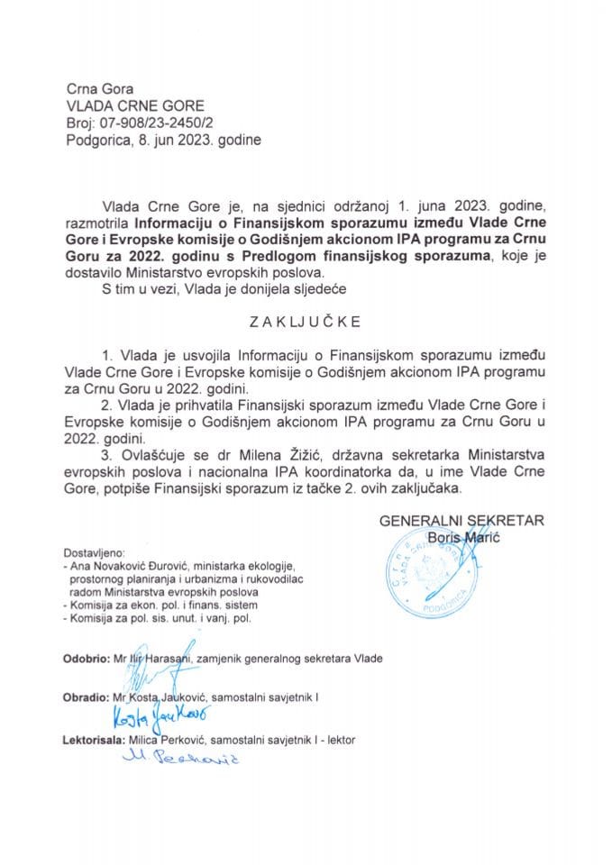 Informacija o Finansijskom sporazumu između Vlade Crne Gore i Evropske komisije o Godišnjem akcionom IPA programu za Crnu Goru za 2022. godinu s Predlogom finansijskog sporazuma - zaključak