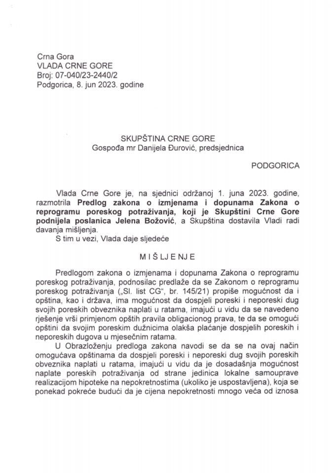 Predlog mišljenja na Predlog zakona o izmjenama i dopunama Zakona o reprogramu poreskog potraživanja (predlagač poslanica Jelena Božović) - zaključci