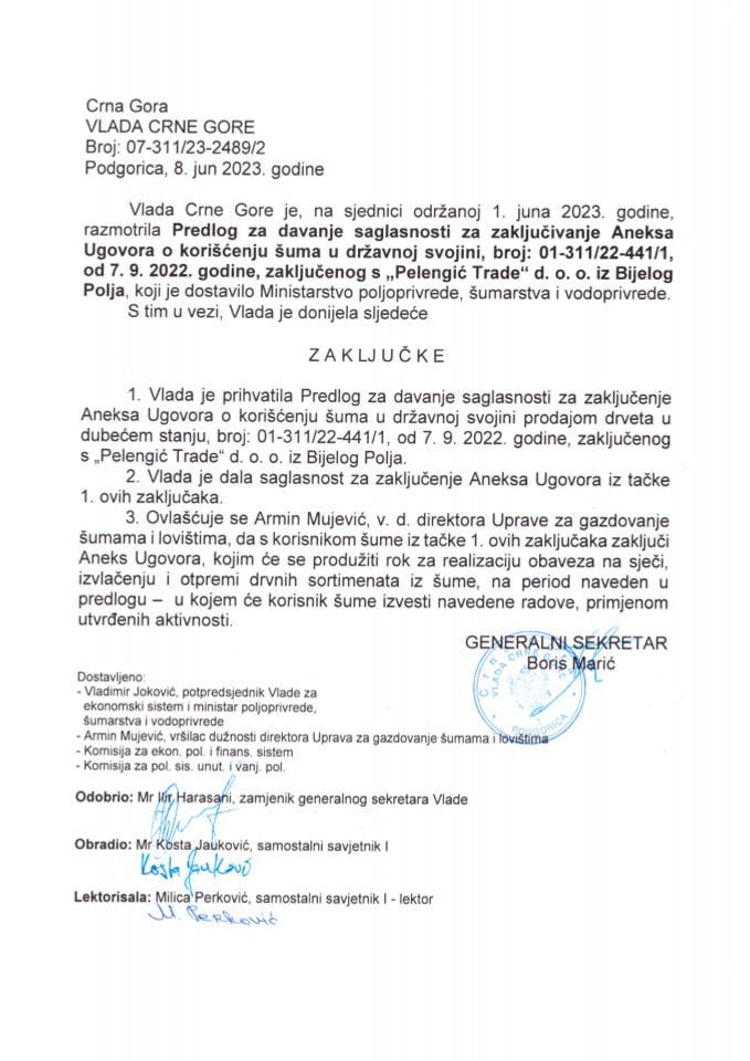 Предлог за давање сагласности за закључивање анекса Уговора о коришћењу шума у државној својини број 01-311/22-441/1 од 07.09.2022. године, закљученог са „Pelengić Trade“ д.о.о. из Бијелог Поља - закључци