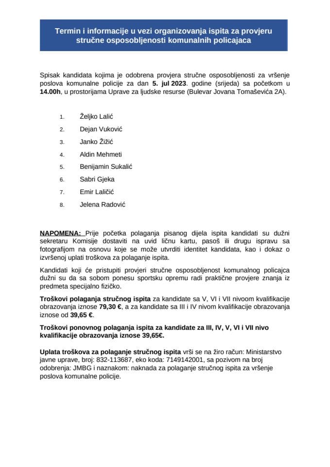 Списак кандидата 5.јул  2023. комунални полицајци