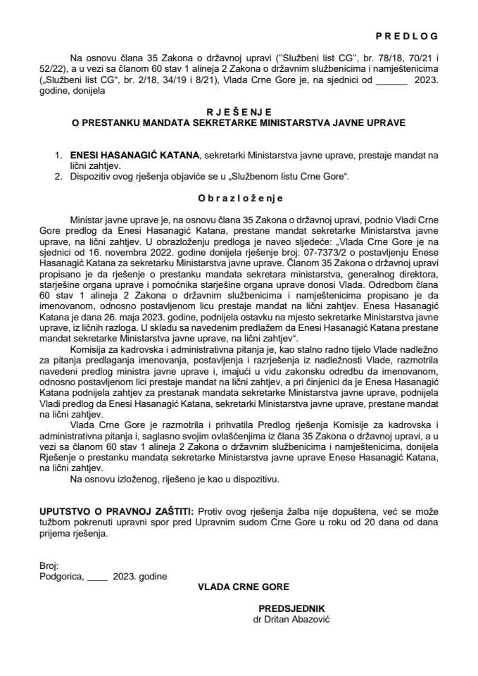Predlog za prestanak mandata sekretarke Ministarstva javne uprave
