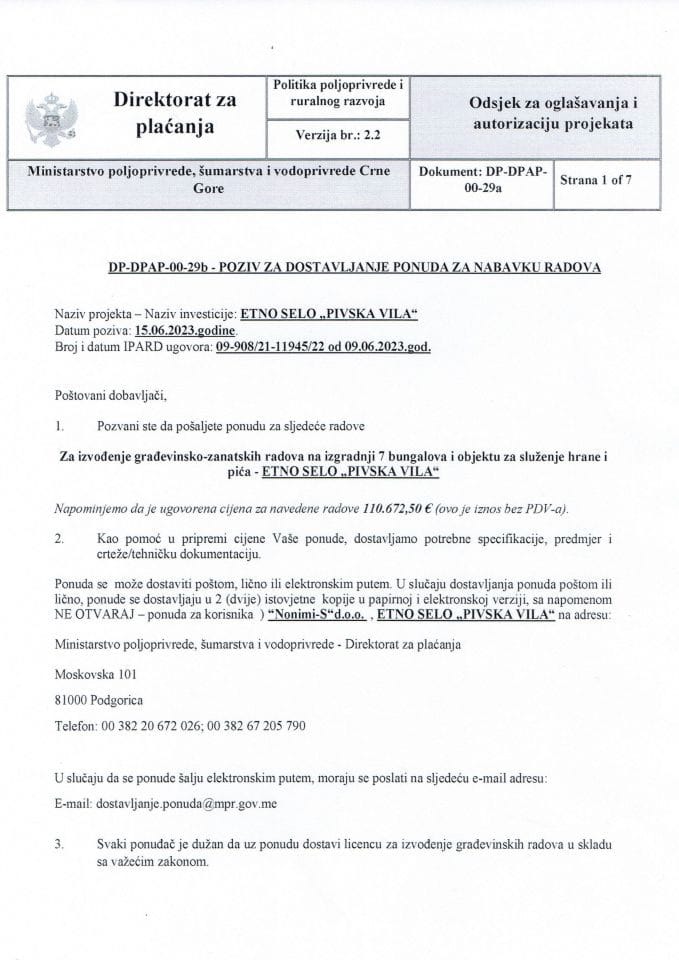 poziv za dostavljanje ponuda za radove 1.1