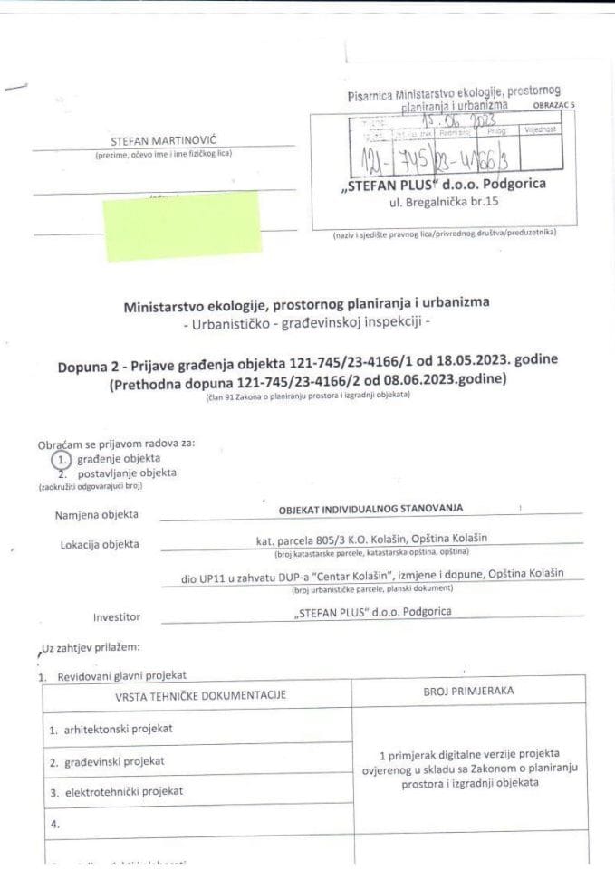 Prijava građenja objekta - 121-745-23-4166-3 STEFAN PLUS DOO PODGORICA