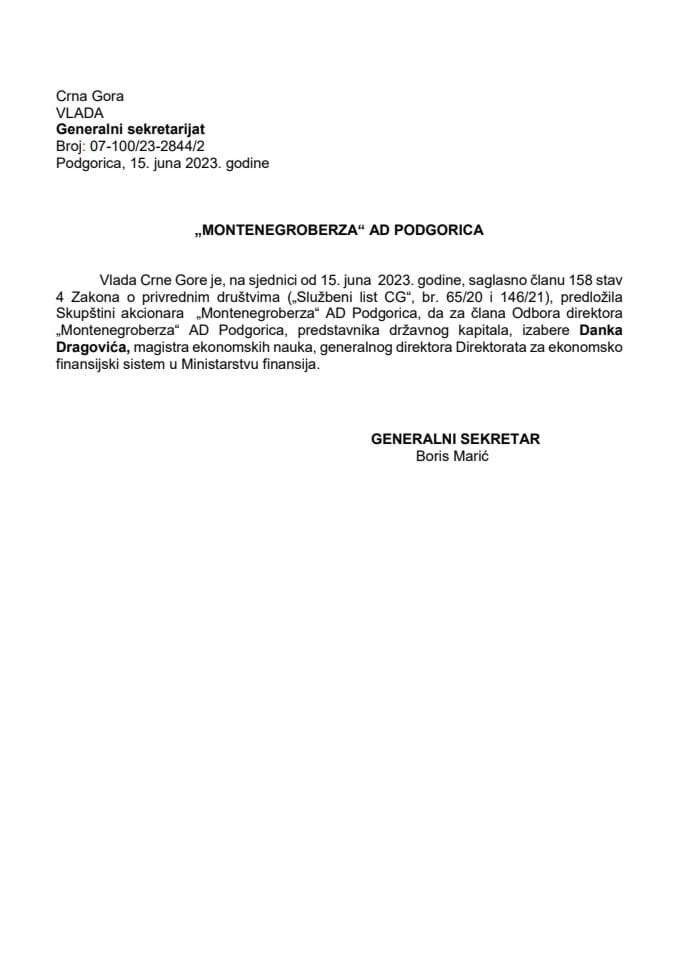Predlog za izbor člana Odbora direktora "Montenegroberze" AD Podgorica