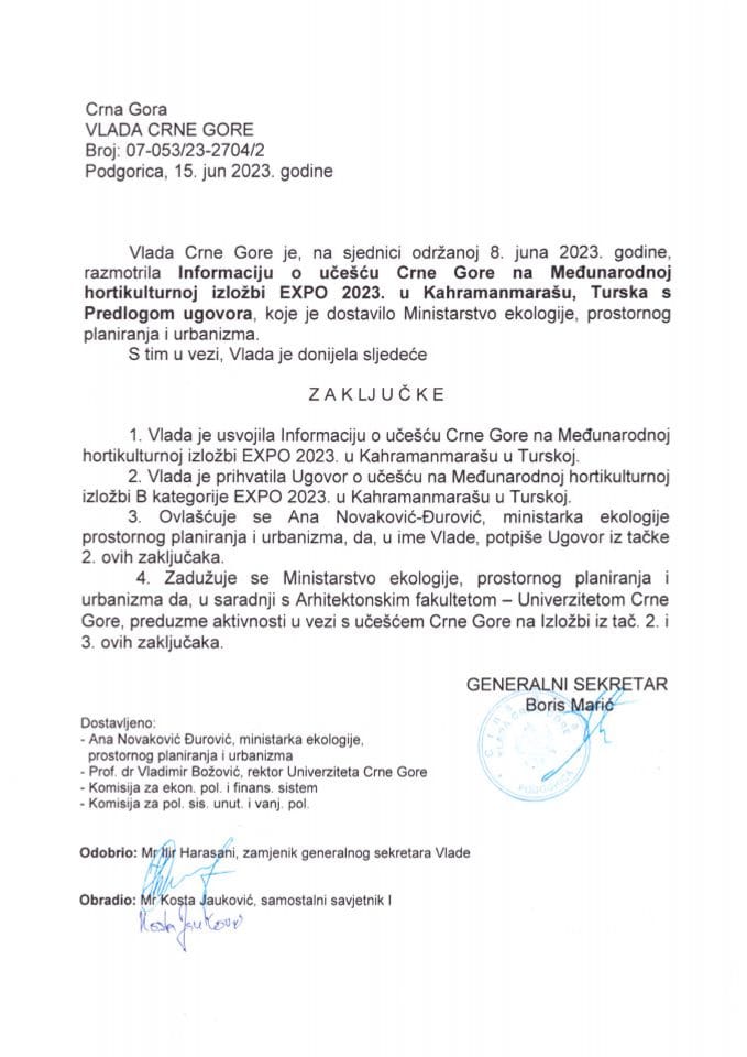 Информација о учешћу Црне Горе на Међународној хортикултурној изложби EXPO 2023 у Кахраманмарашу,Турска са Предлогом уговора (без расправе) - закључци
