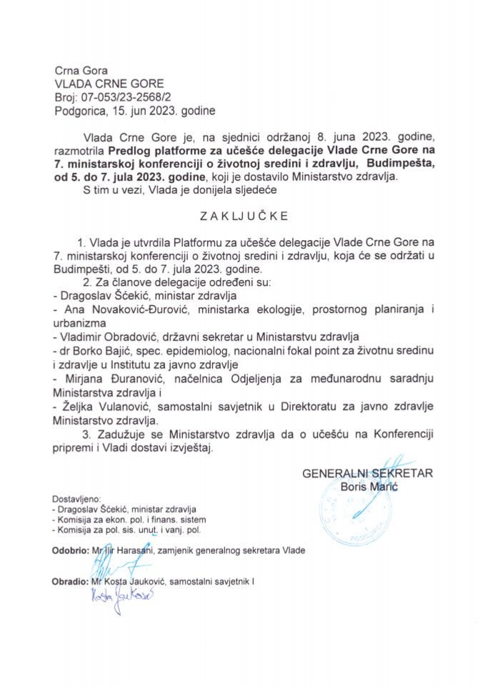 Предлог платформе за учешће делегације Владе Црне Горе на 7. министарској конференцији о животној средини и здрављу, Будимпешта, 5-7. јула 2023. године (без расправе) - закључци
