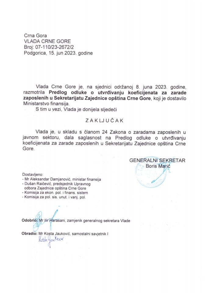 Предлог одлуке о утврђивању коефицијената за зараде запослених у Секретаријату Заједнице општина Црне Горе (без расправе) - закључци