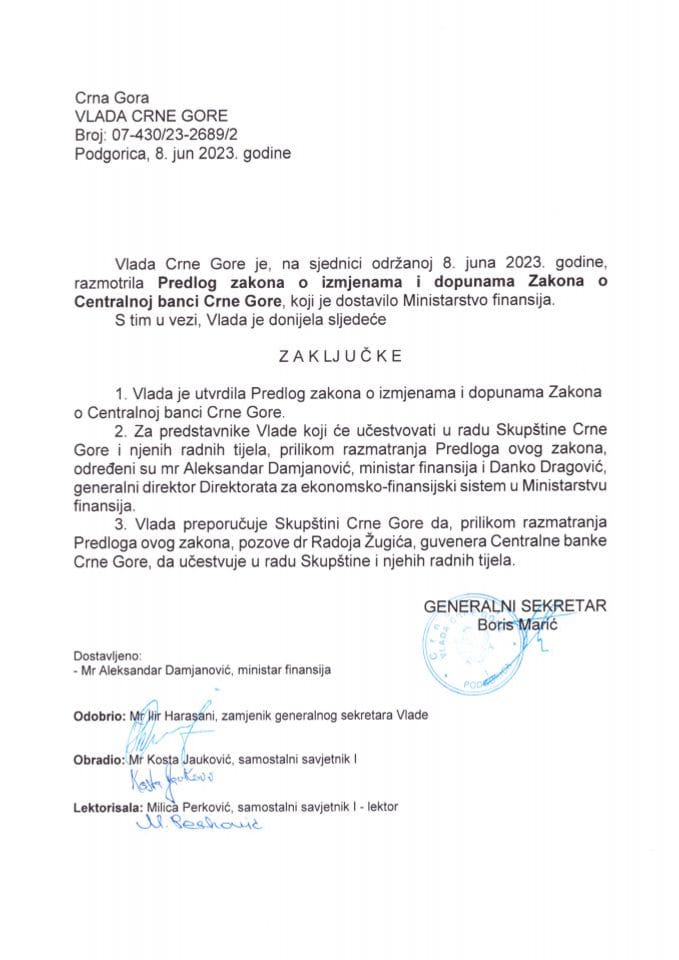 Предлог закона о измјенама и допунама Закона о Централној банци Црне Горе - закључци