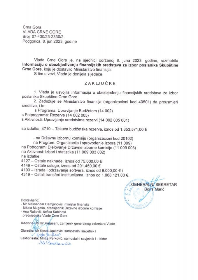 Informacija o obezbjeđivanju sredstava za izbore za izbor poslanika u Skupštini Crne Gore - zaključci