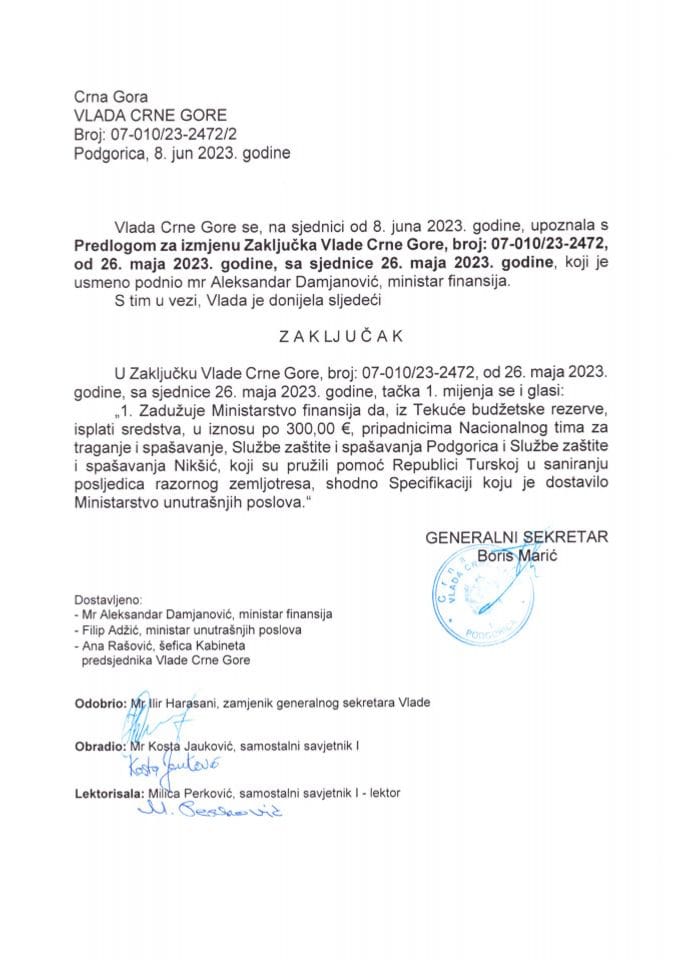 Усмени предлог за измјену Закључка Владе Црне Горе, број: 07-010/23-2472, од 26. маја 2023. године - закључци