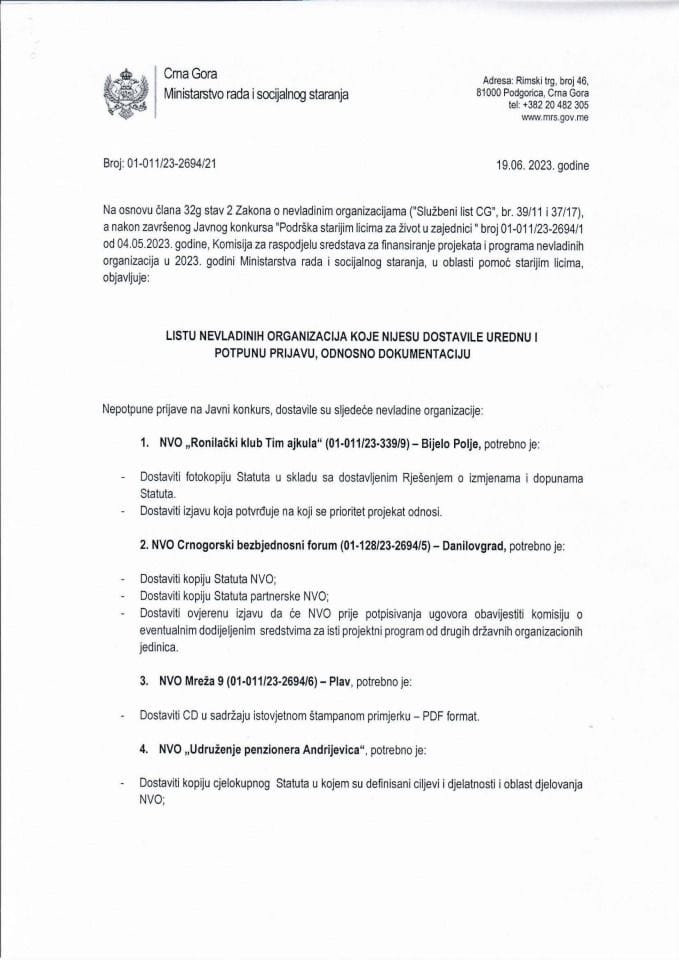 Lista predstavnika NVO s nepotpunom prijavom/dokumentacijom