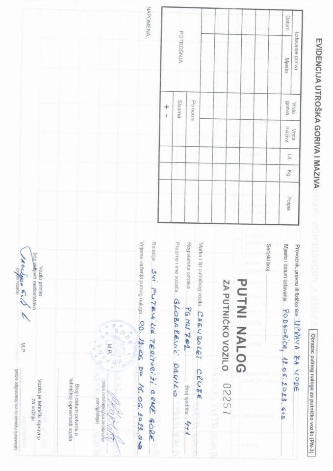 Путни налог за коришћење службеног возила ПГ МН702 12.06-18.06.2023. године