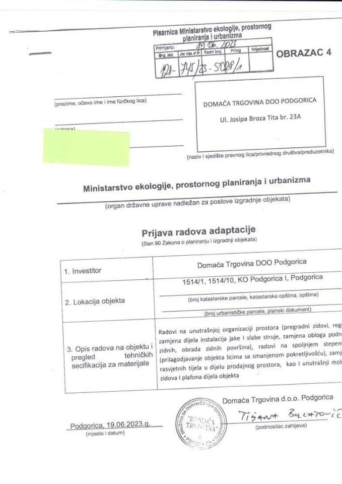 Prijava radova adaptacije - 121-745-23-5028-1 DOMAĆA TRGOVINA DOO PODGORICA