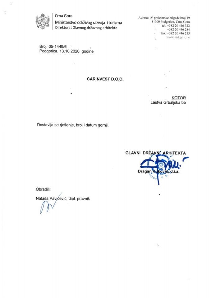 Rješenja glavnog državnog arhitekte - 13.10.2020 Rješenje -Marko Carević i CARINVEST DOO, Kotor -Opština Kotor
