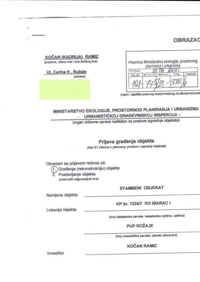 Prijava građenja objekta - 121-745-23-5082-1 KOČAN RAMIZ