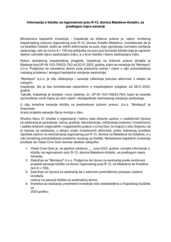 Informacija o klizištu na regionalnom putu R-13, dionica Mateševo-Kolašin, sa predlogom mjera sanacije