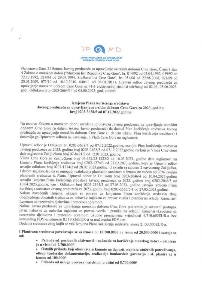 Izmjene Plana korišćenja sredstava Javnog preduzeća za upravljanje morskim dobrom Crne Gore za 2023. godinu