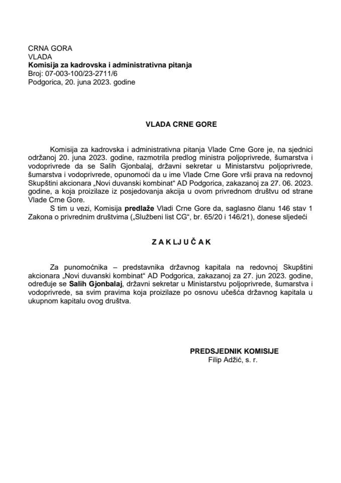 Predlog za određivanje punomoćnika – predstavnika državnog kapitala na redovnoj Skupštini akcionara „Novi duvanski kombinat“ AD Podgorica