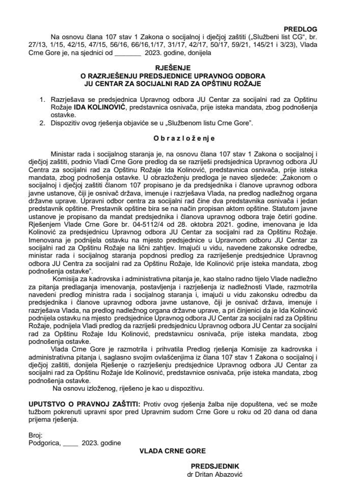 Предлог за разрјешење предсједнице Управног одбора ЈУ Центар за социјални рад за Општину Рожаје