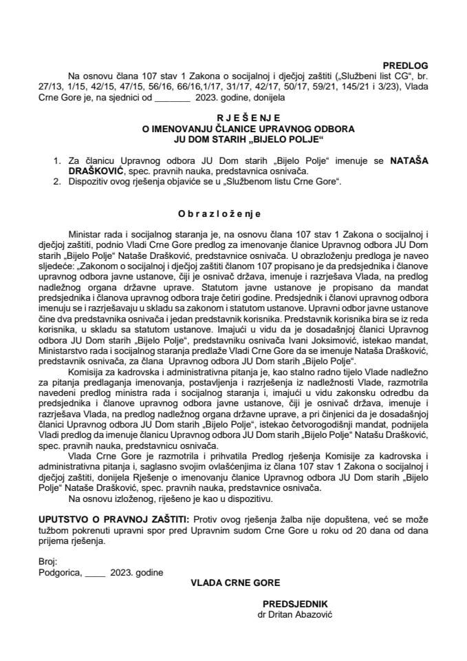 Predlog za imenovanje članice Upravnog odbora JU „Dom starih“ Bijelo Polje