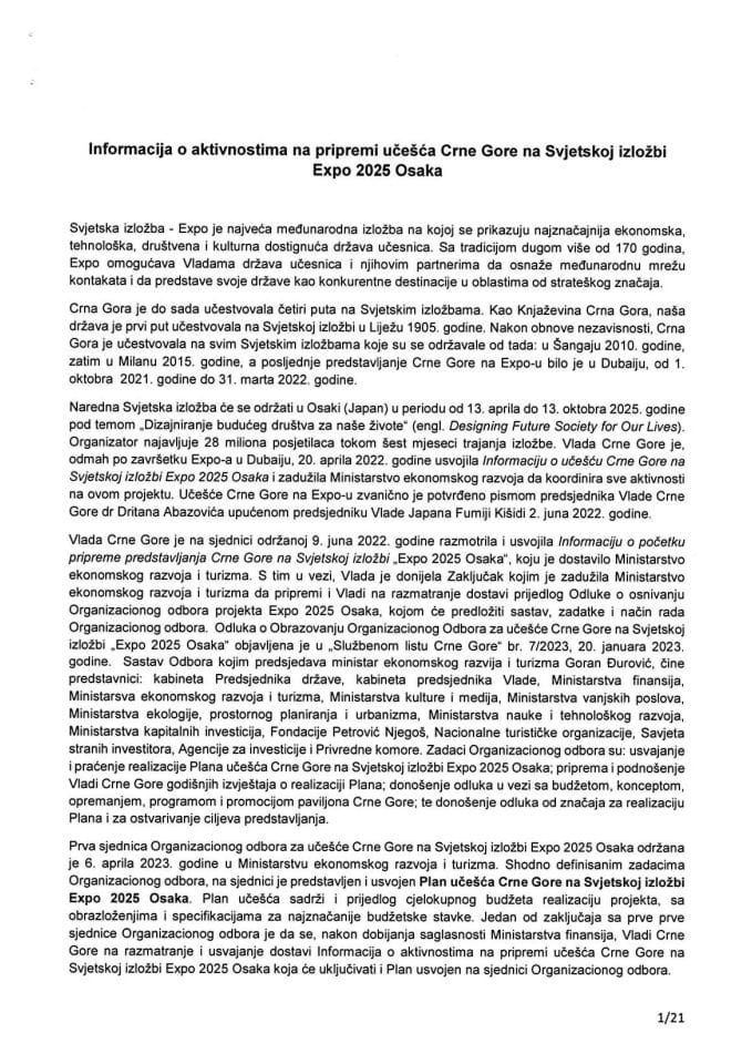 Informacija o aktivnostima na pripremi učešća Crne Gore na Svjetskoj izložbi Expo 2025 Osaka ( bez rasprave)