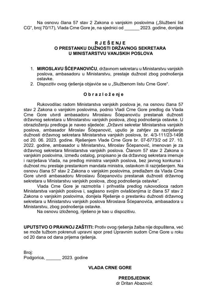 Predlog za razrješenje državnog sekretara u Ministarstvu vanjskih poslova Miroslava Šćepanovića