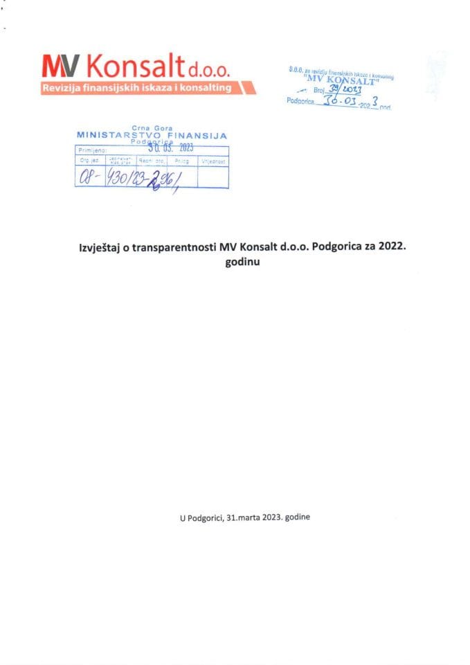 Izvještaj o transparentnosti 2022 - MV Konsalt