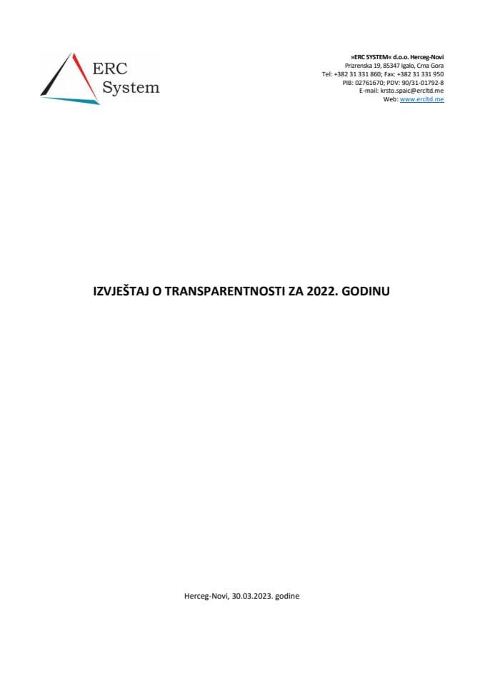 Izvještaj o transparentnosti 2022 - ERC System