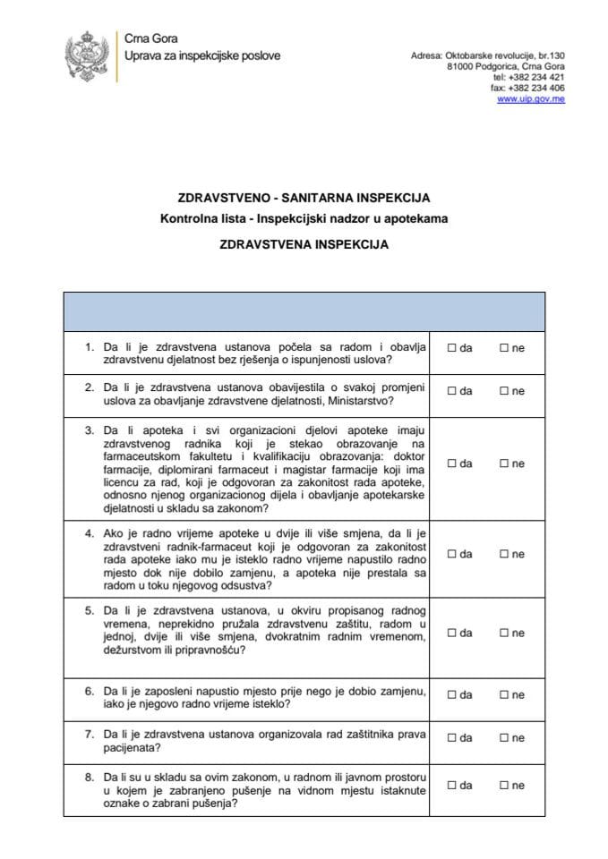 KL_Kontrolna lista - Inspekcijski nadzor u apotekama_Zdravstvena inspekcija