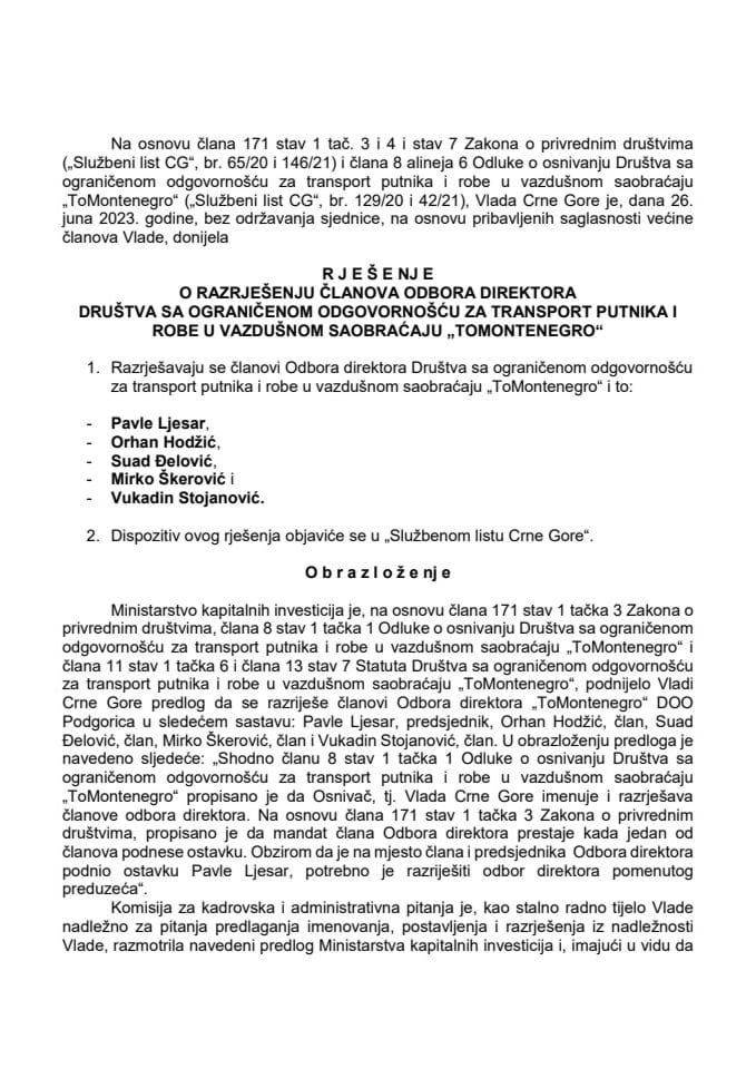 Predlog za razrješenje članova Odbora direktora Drušzva sa ograničenom odgovornošću za transport putnika i robe u vazdušnom saobraćaju "To Montenegro"