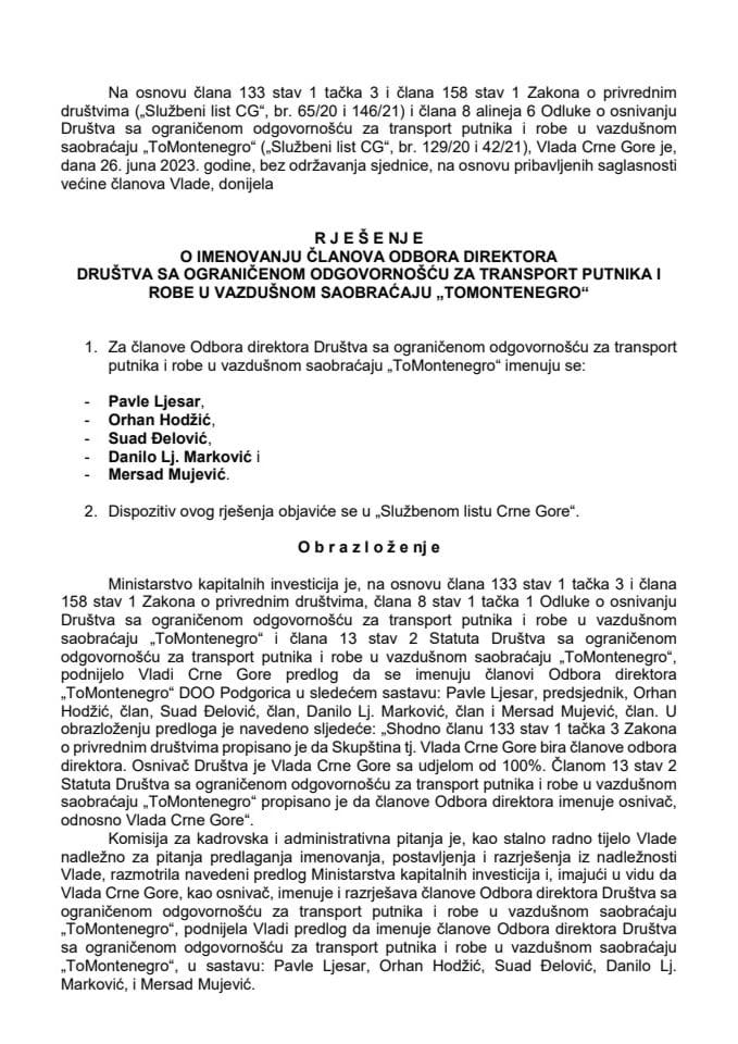 Predlog za imenovanje članova Odbora direktora Drušzva sa ograničenom odgovornošću za transport putnika i robe u vazdušnom saobraćaju "To Montenegro"