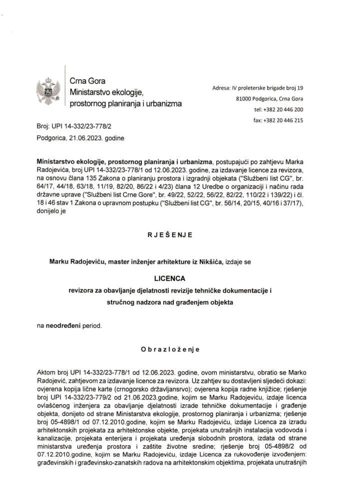 Licenca revizora za arhitektonsku djelatnost - UPI 14-332-23-778-2 ...