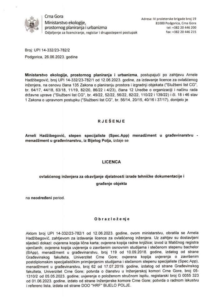 Licenca ovlašćenog inženjera za građevinsku djelatnost - UPI 14-332-23-782-2 ARNELA HADŽIBEGOVIĆ