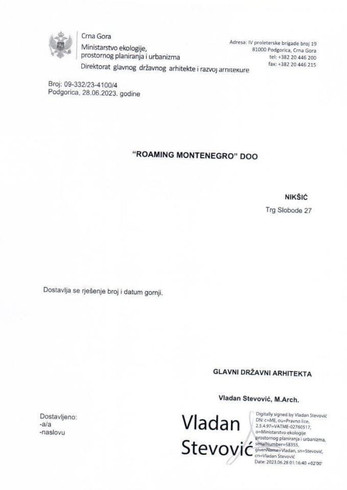 Rješenja glavnog državnog arhitekte - 28.06.2023 Rješenje -ROAMING MONTENEGRO DOO, Nikšić -Opština Nikšić