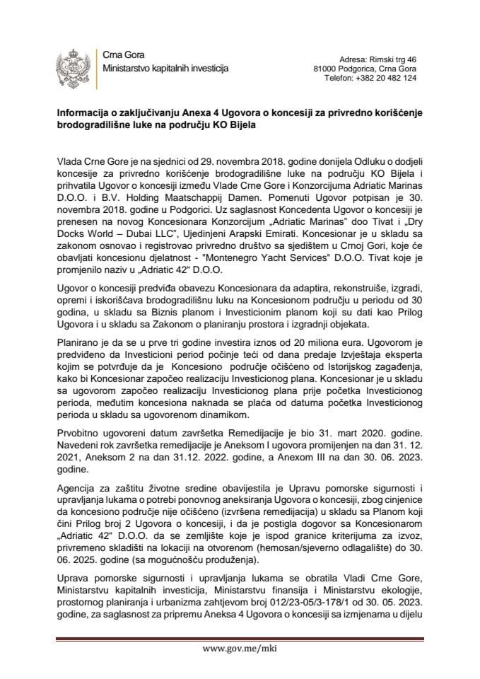 Informacija o zaključivanju Anexa 4 Ugovora o koncesiji za privredno korišćenje brodogradilišne luke na području KO Bijela sa Prijedlogom aneksa 4 Ugovora