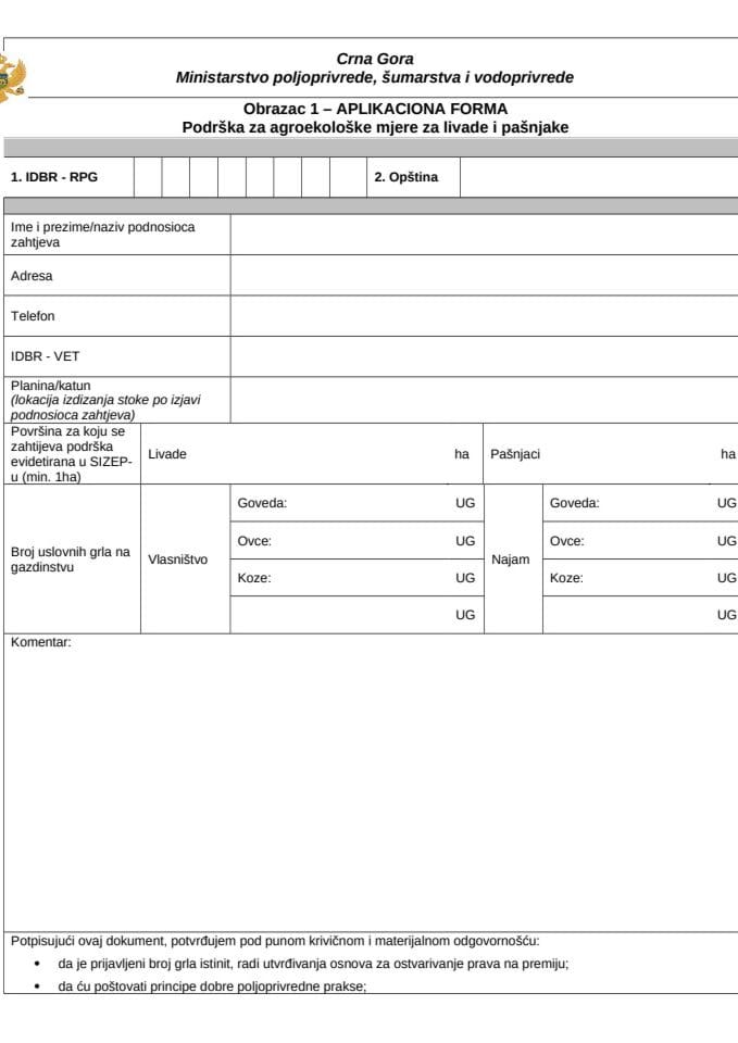Obrazac 1 i 2_Obrazac prijave livada i pašnjaka i kontrola na terenu