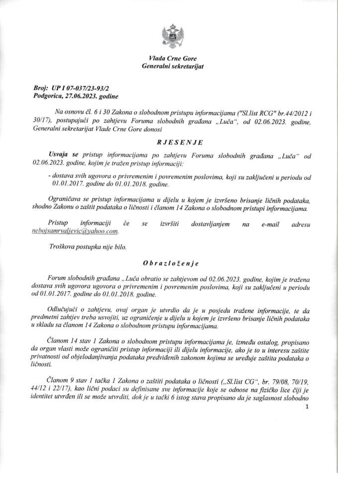 Информација којој је приступ одобрен по захтјеву Форума слободних грађана "Луча" од 02.06.2023. године - УПИ 07-037/23-93/2