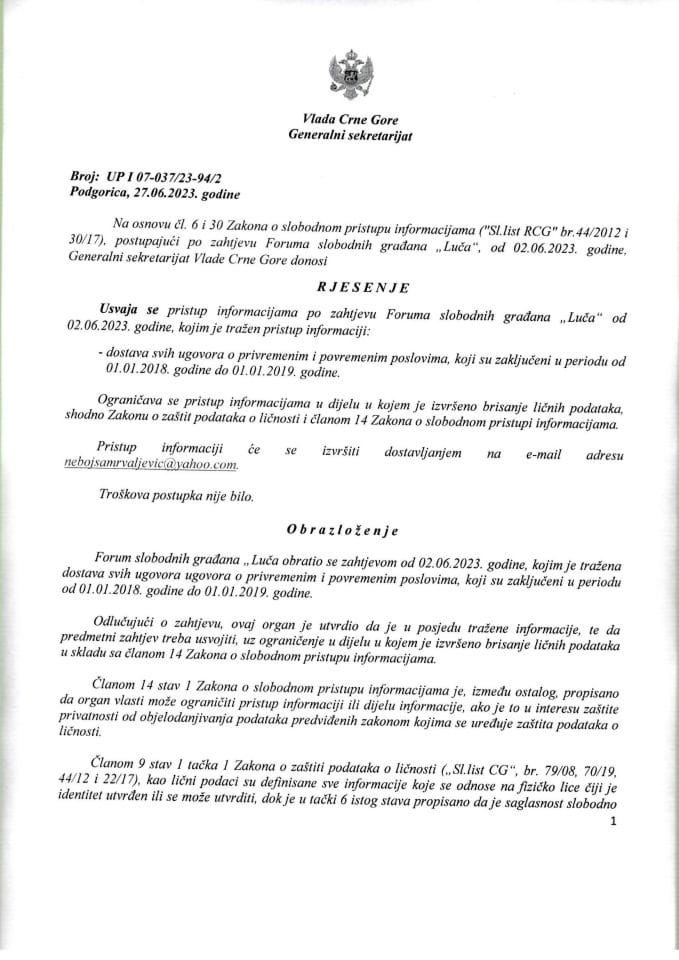Информација којој је приступ одобрен по захтјеву Форума слободних грађана "Луча" од 02.06.2023. године - УПИ 07-037/23-94/2