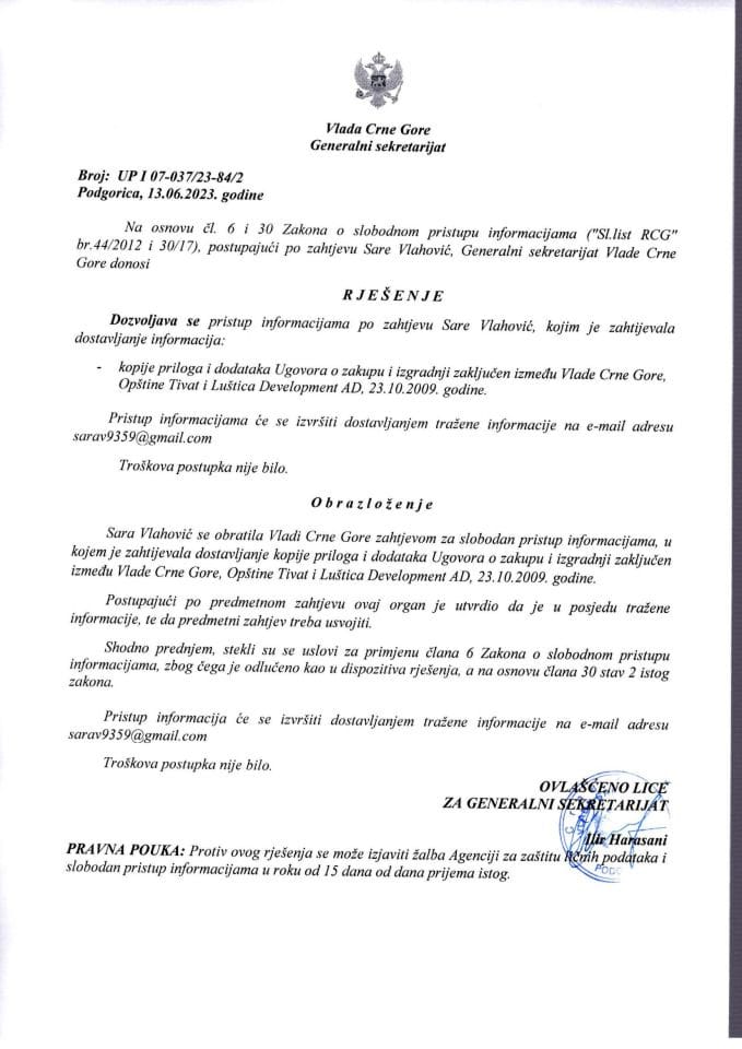 Информација којој је приступ одобрен по захтјеву Саре Влаховић од 13.06.2023. године - УПИ 07-037/23-84/2