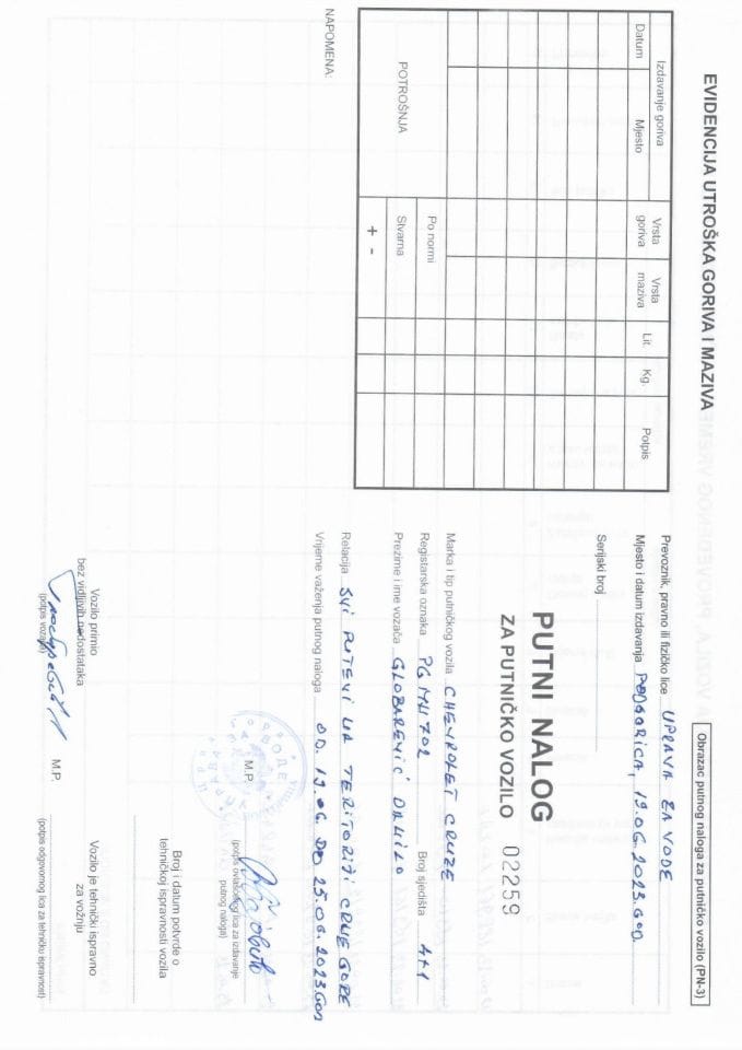 Putni nalog za korišćenje službenog vozila PG MN702 19.06-25.06.2023. godine