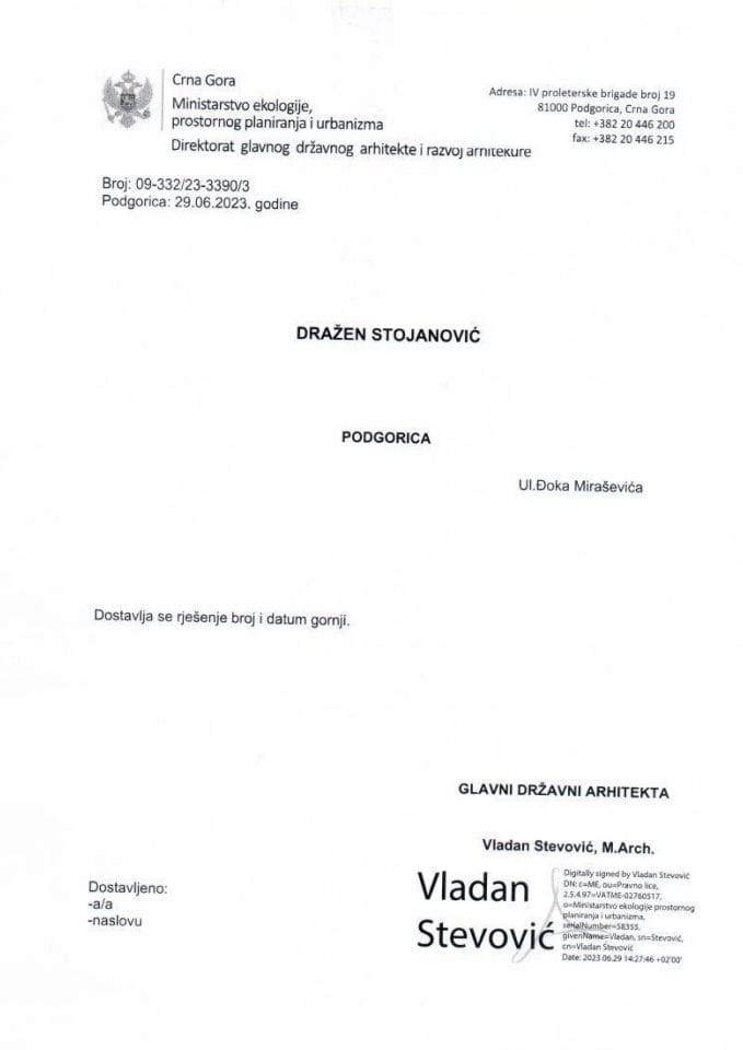 Rješenja glavnog državnog arhitekte - 29.06.2023 Rješenje -Dražen Stojanović -Opština Kolašin